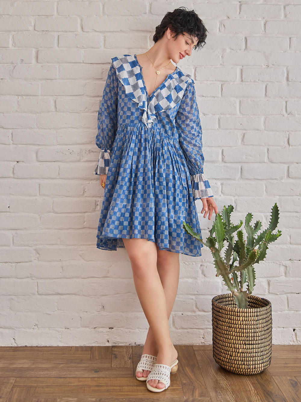Blue Grey Hand Block Printed Cotton Mulmul Dress
