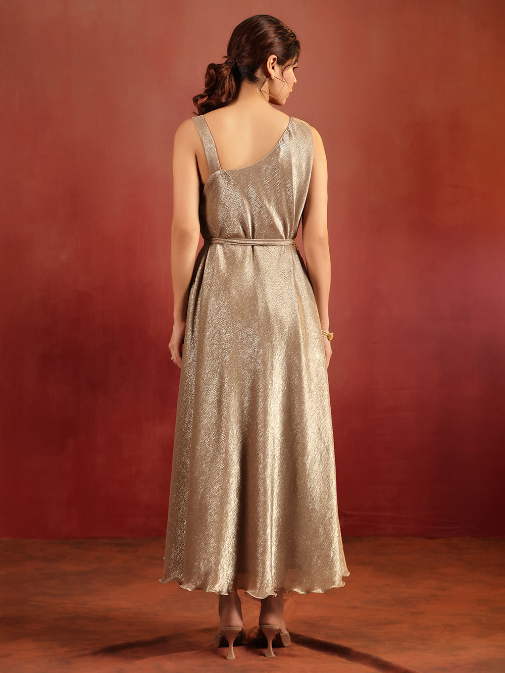 Beige Hand Work Wrinkled Crepe Dress with Belt