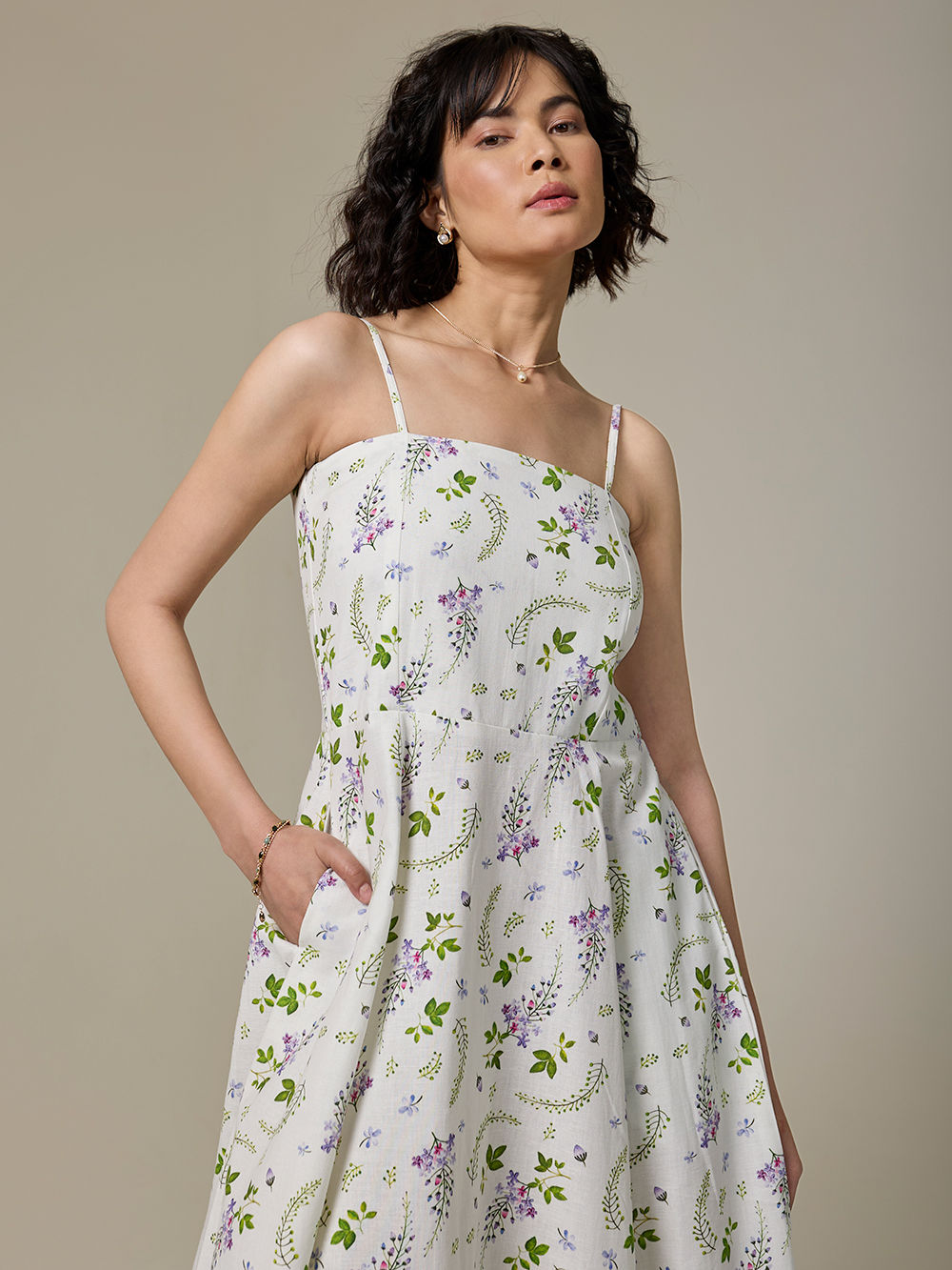 White Lavender Hand Painted Cotton Linen Dress