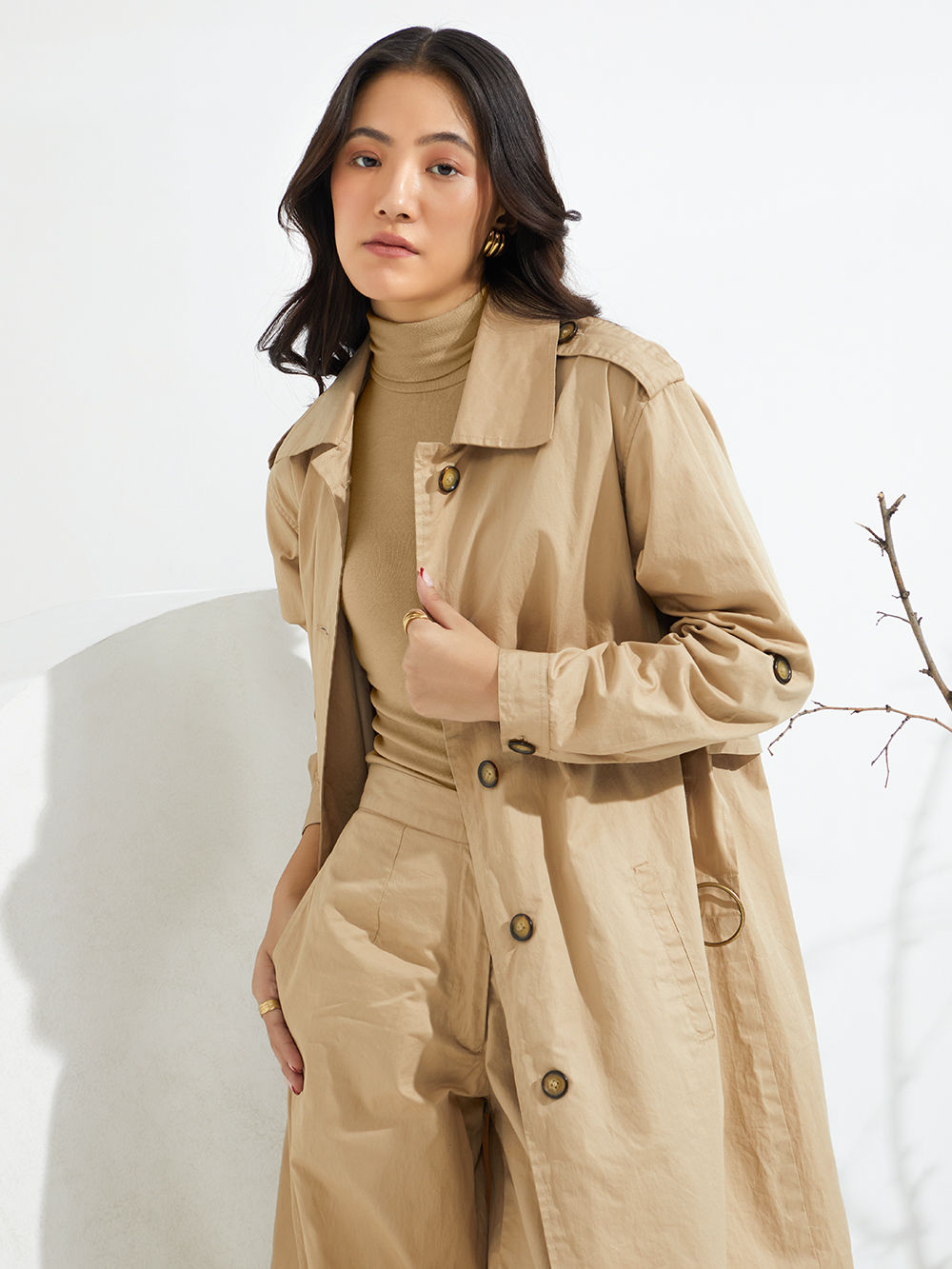 Beige Twill Trench Coat with Belt and Pants Set of