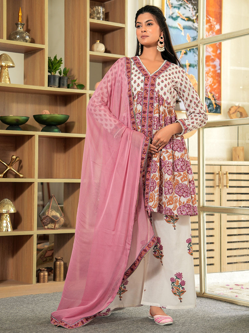 White Pink Hand Block Printed Cotton Sharara Suit - Set of 3