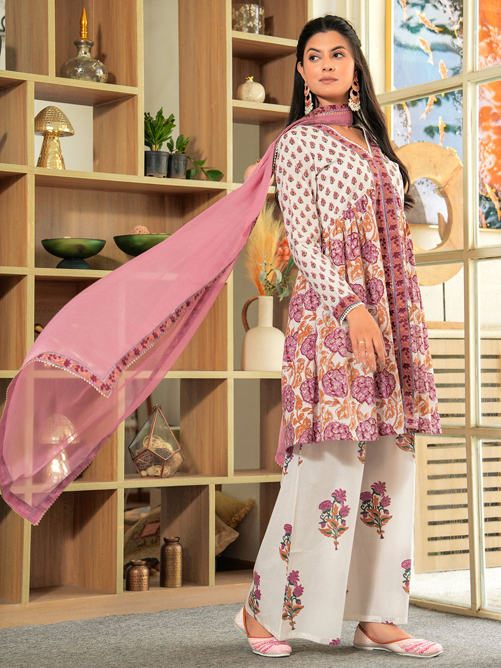 White Pink Hand Block Printed Cotton Sharara Suit - Set of 3