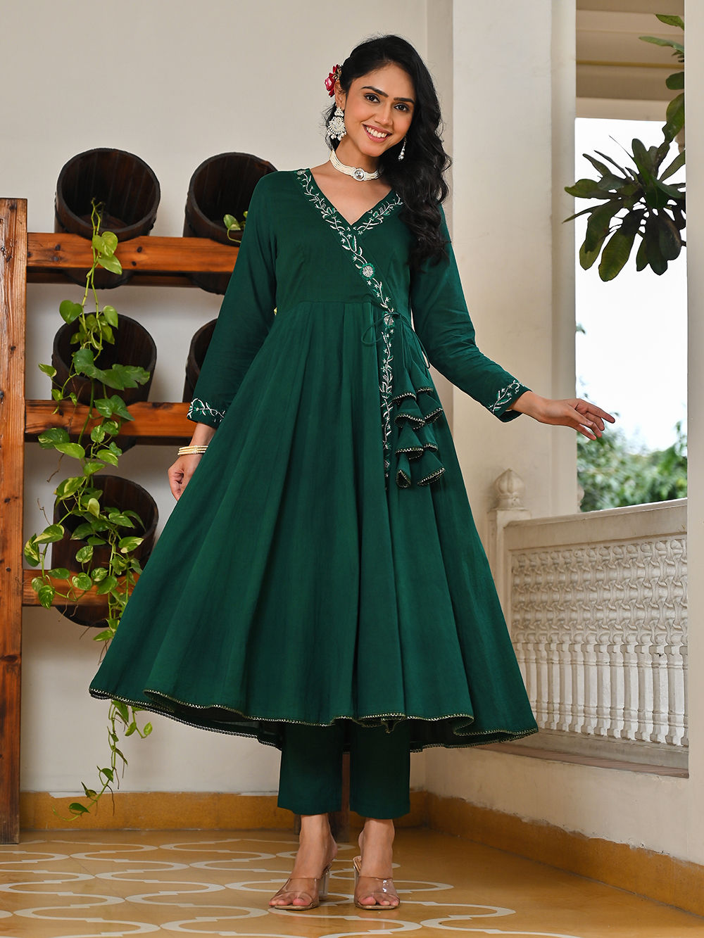 sachin and babi light blue dress Emerald Green Embroidered Mulmul Suit- Set of 3