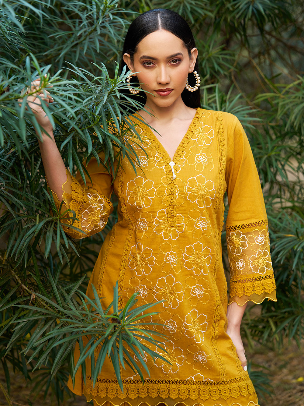 Mustard Yellow Embroidered Cotton Kurta with Salwar - Set of 2