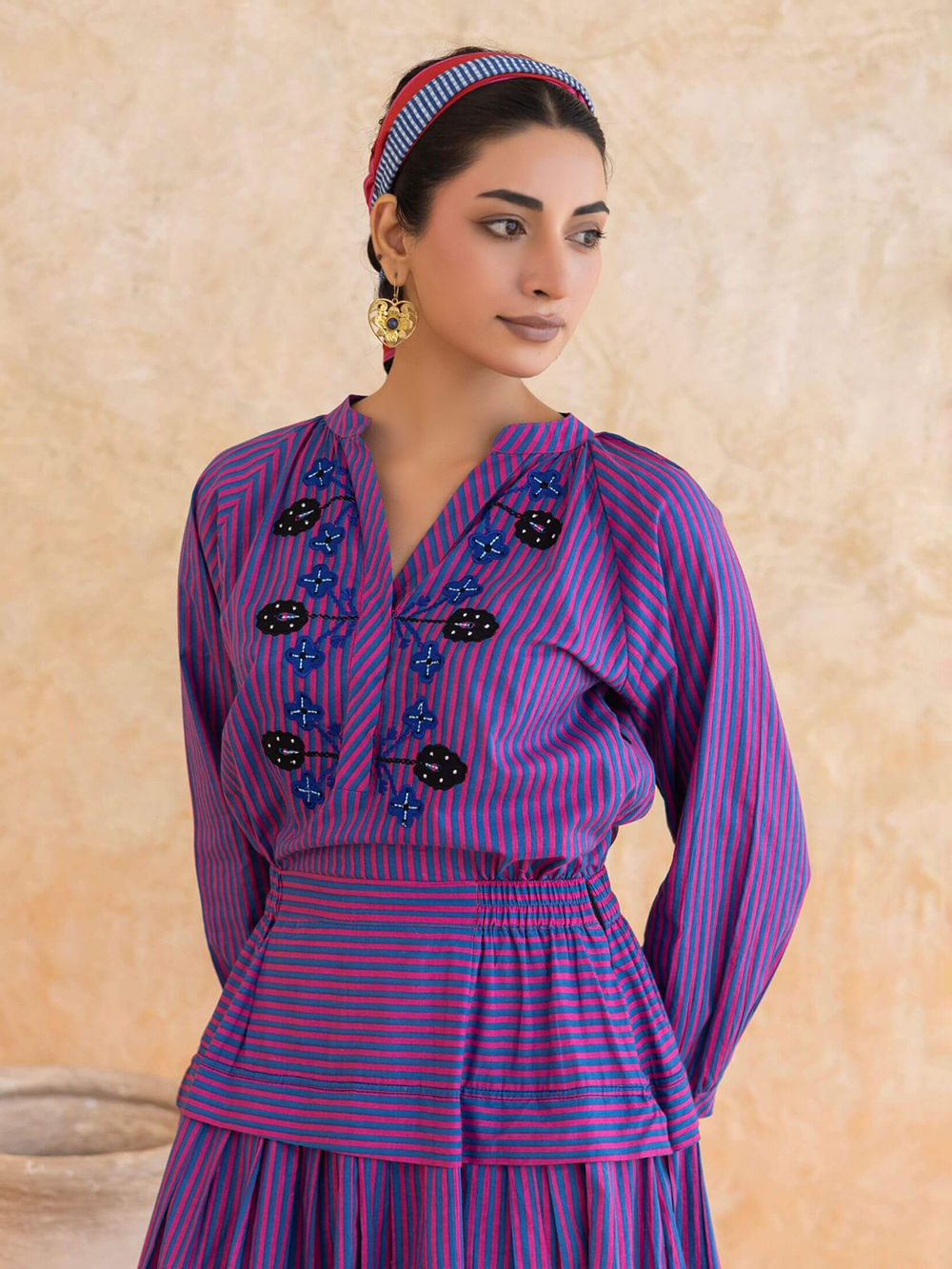 Blue Pink Striped Cotton Embroidered Dress