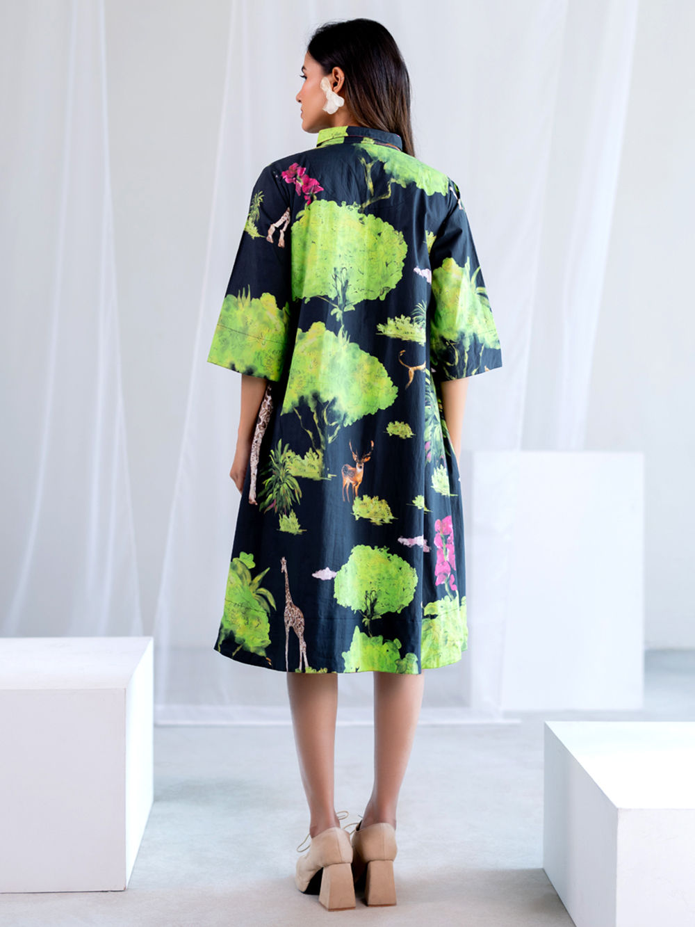 Black Green Printed Cotton Poplin Dress