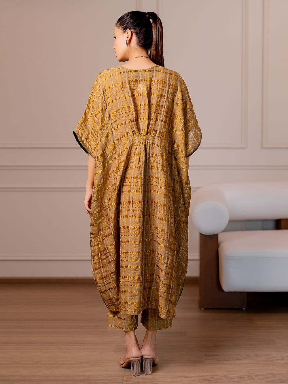 Golden Woven Striped Chanderi Silk Kaftan with Slip and Pants- Set of 2