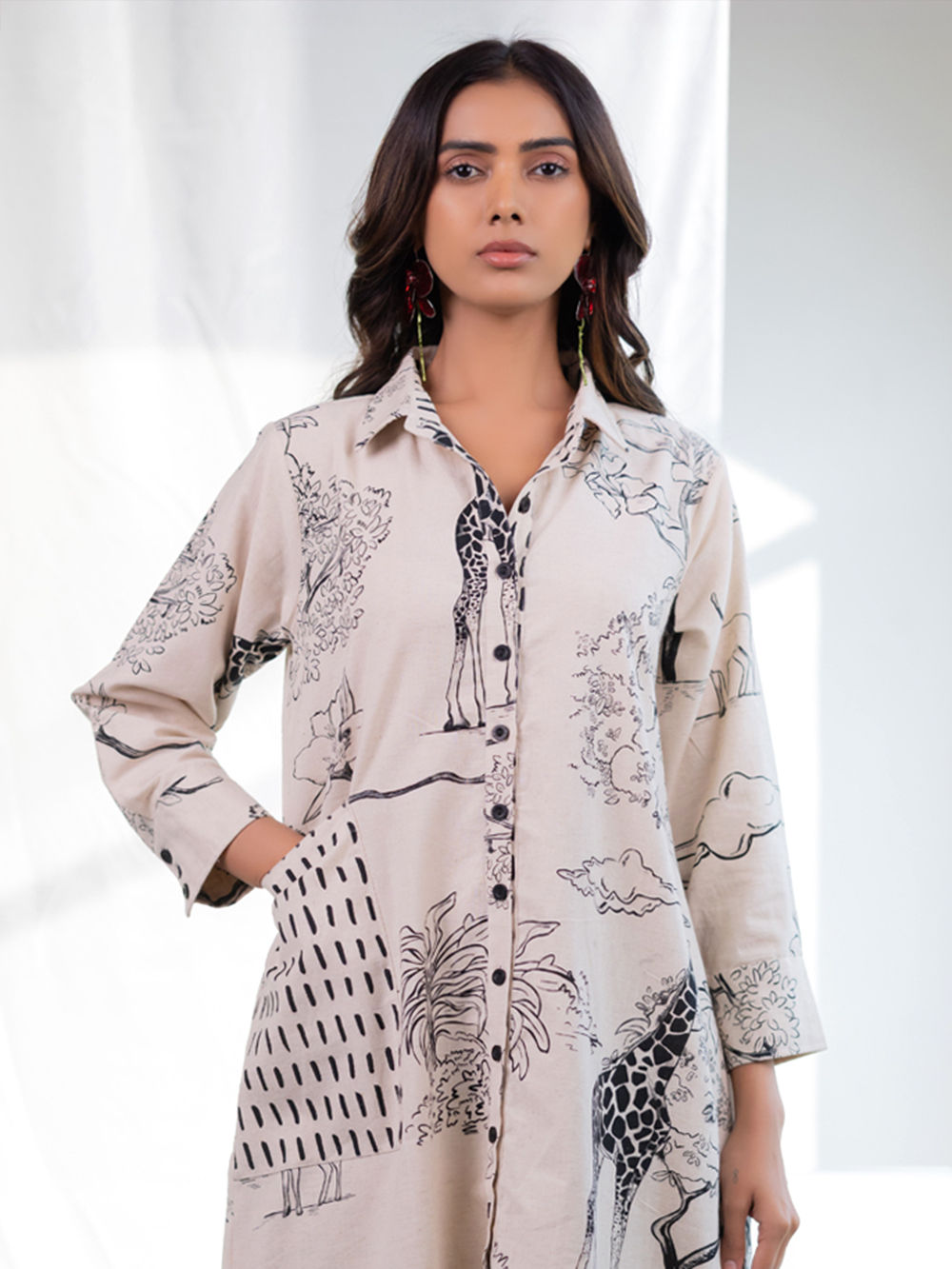 Off White Black Printed Cotton Blend Tunic