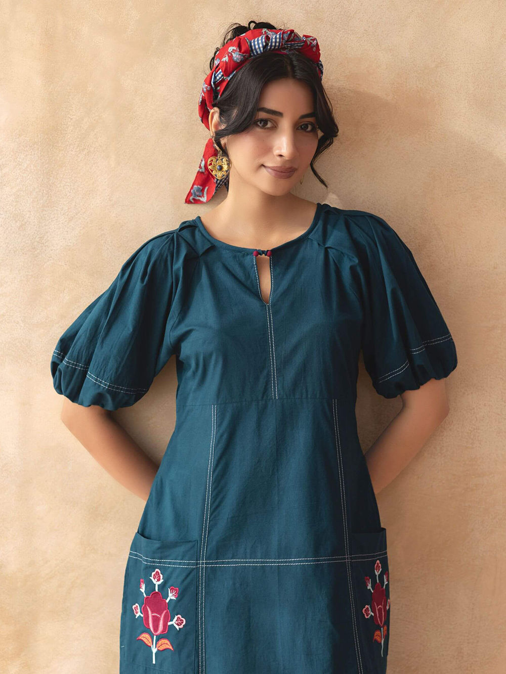 Teal Blue Embroidered Cotton Dress Teal Blue Embroidered Cotton Dress
