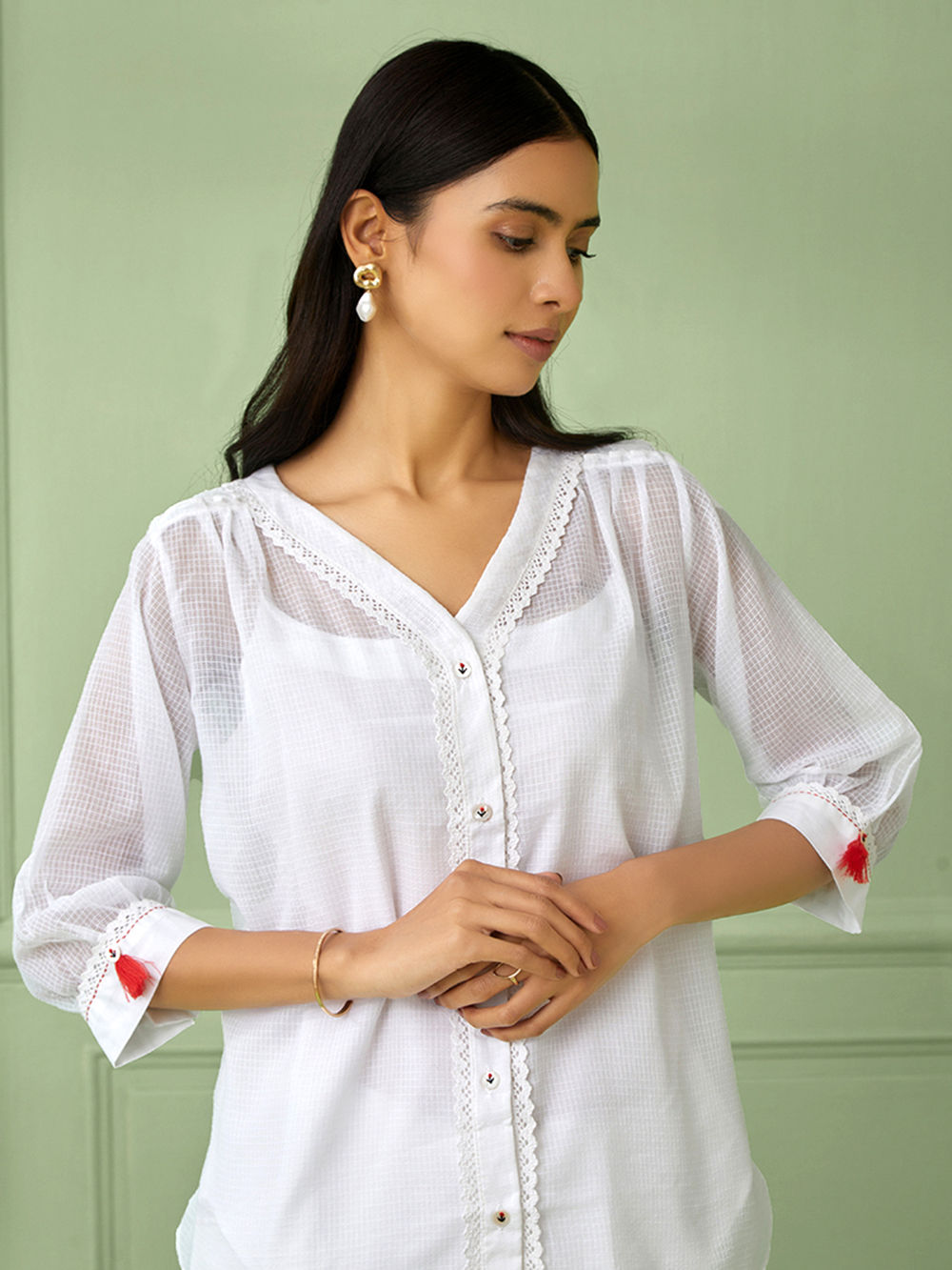 White Lace Work Cotton Shirt with Slip