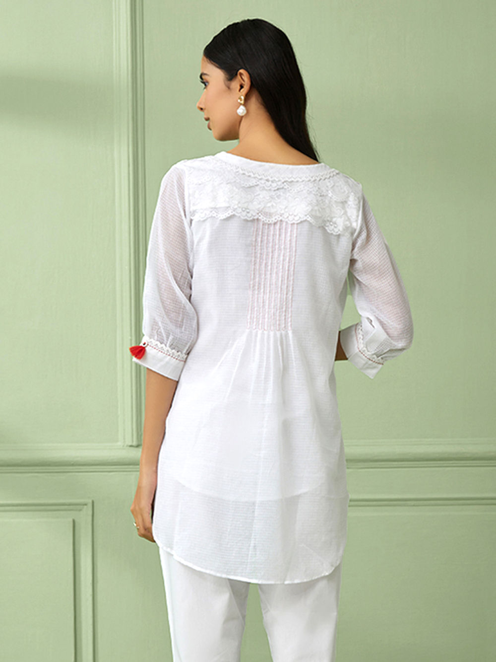 White Lace Work Cotton Shirt with Slip