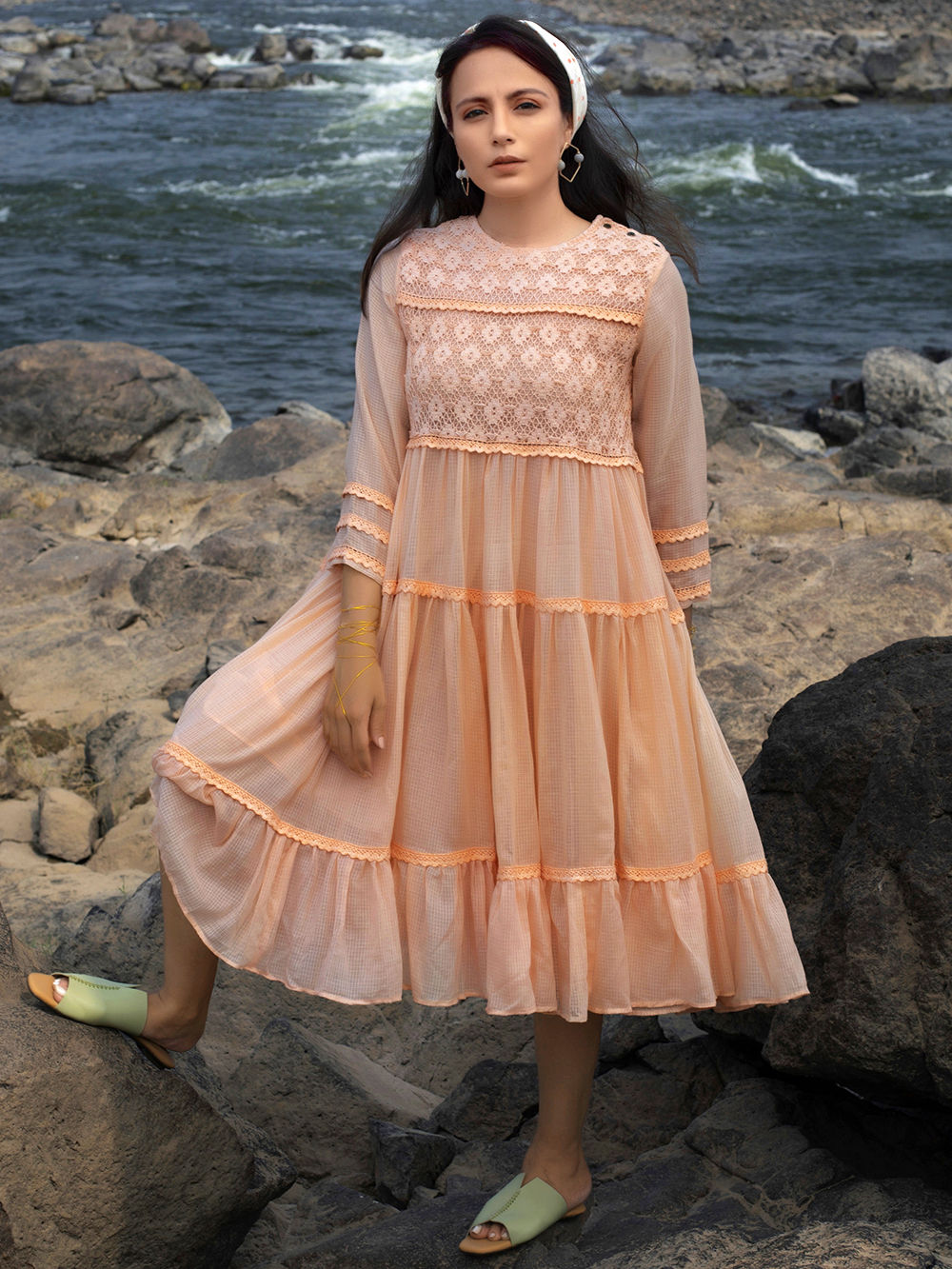 Peach Lace Work Kota Dress