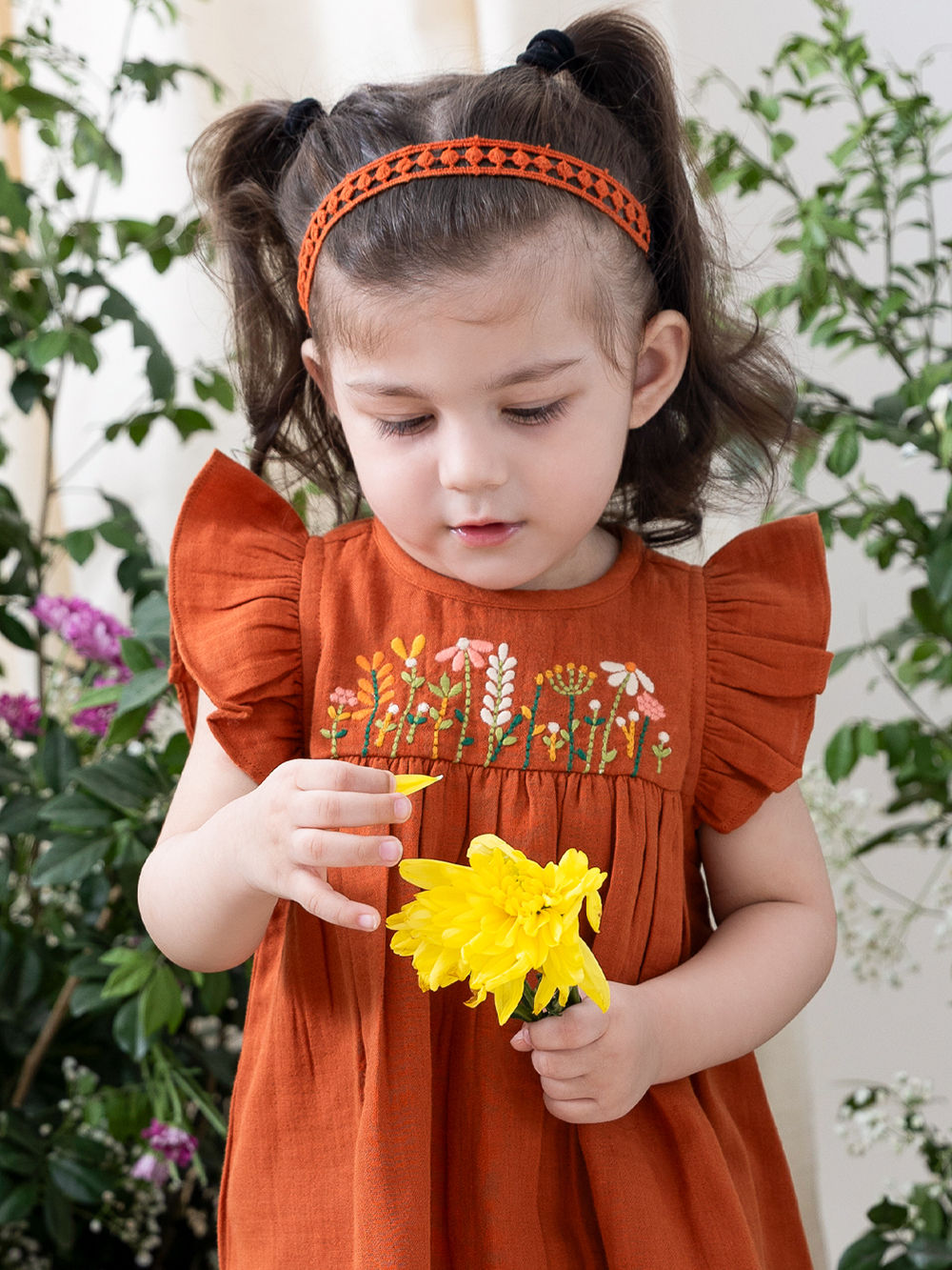 Rust Embroidered Cotton Dress with Bloomer and Headband- Set of 3
