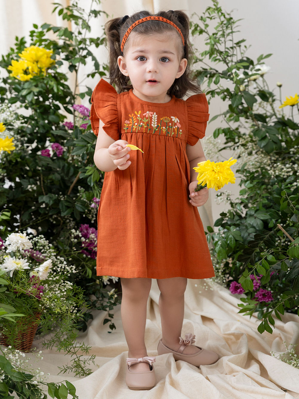 Rust Embroidered Cotton Dress with Bloomer and Headband- Set of 3 Rust Embroidered Cotton Dress with Bloomer and Headband- Set of 3