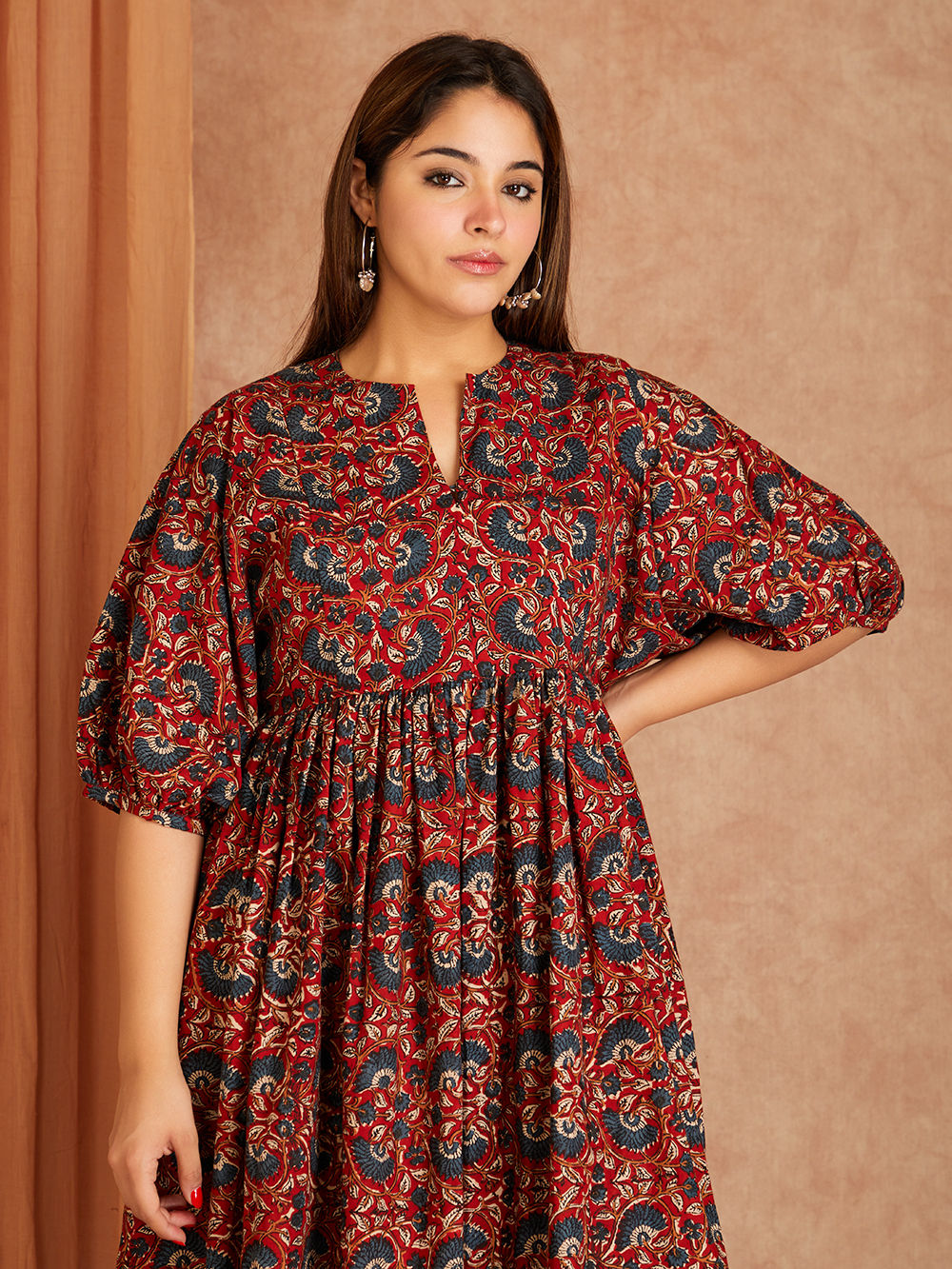 fall block print dress Blue Block Printed Kurti Dress – Label MAE main image 1