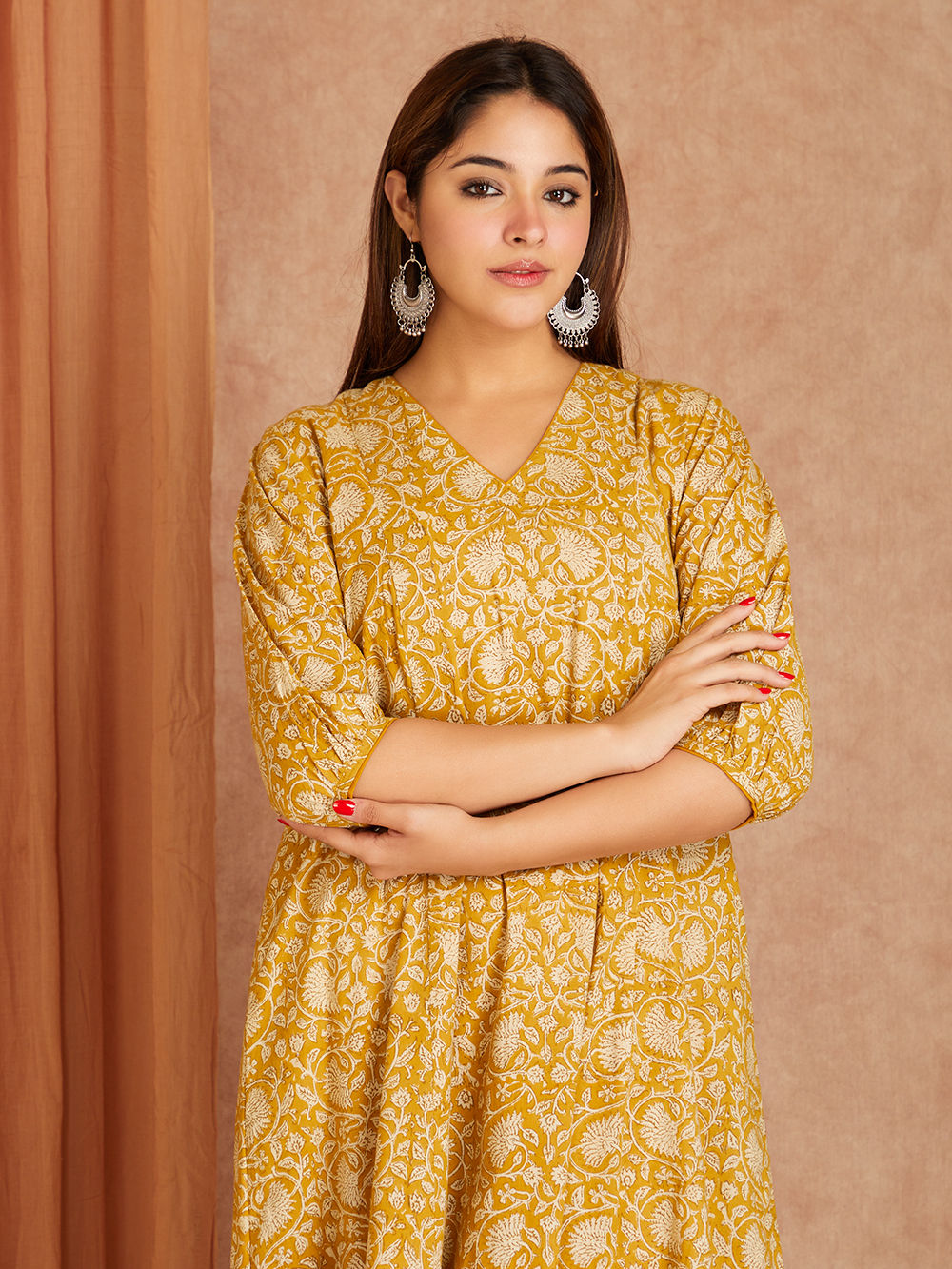 green emerald velvet dress Buy Mustard Floral Block Print Cotton Fit and Flare Maxi Tier Dress Online  at SeamsFriendly main image 1