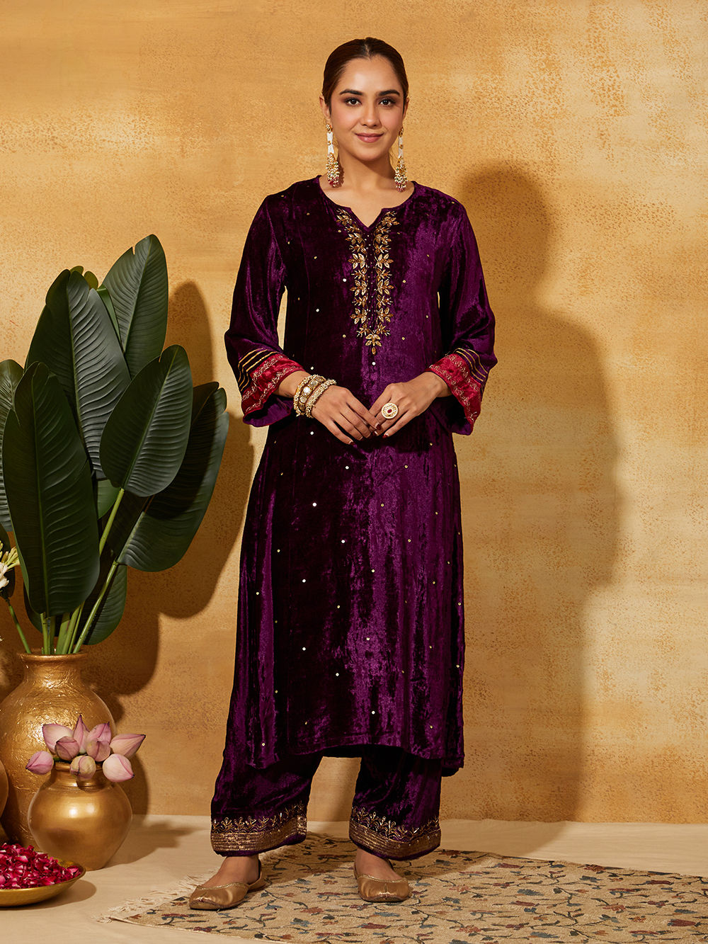 Purple Embroidered Velvet Pants