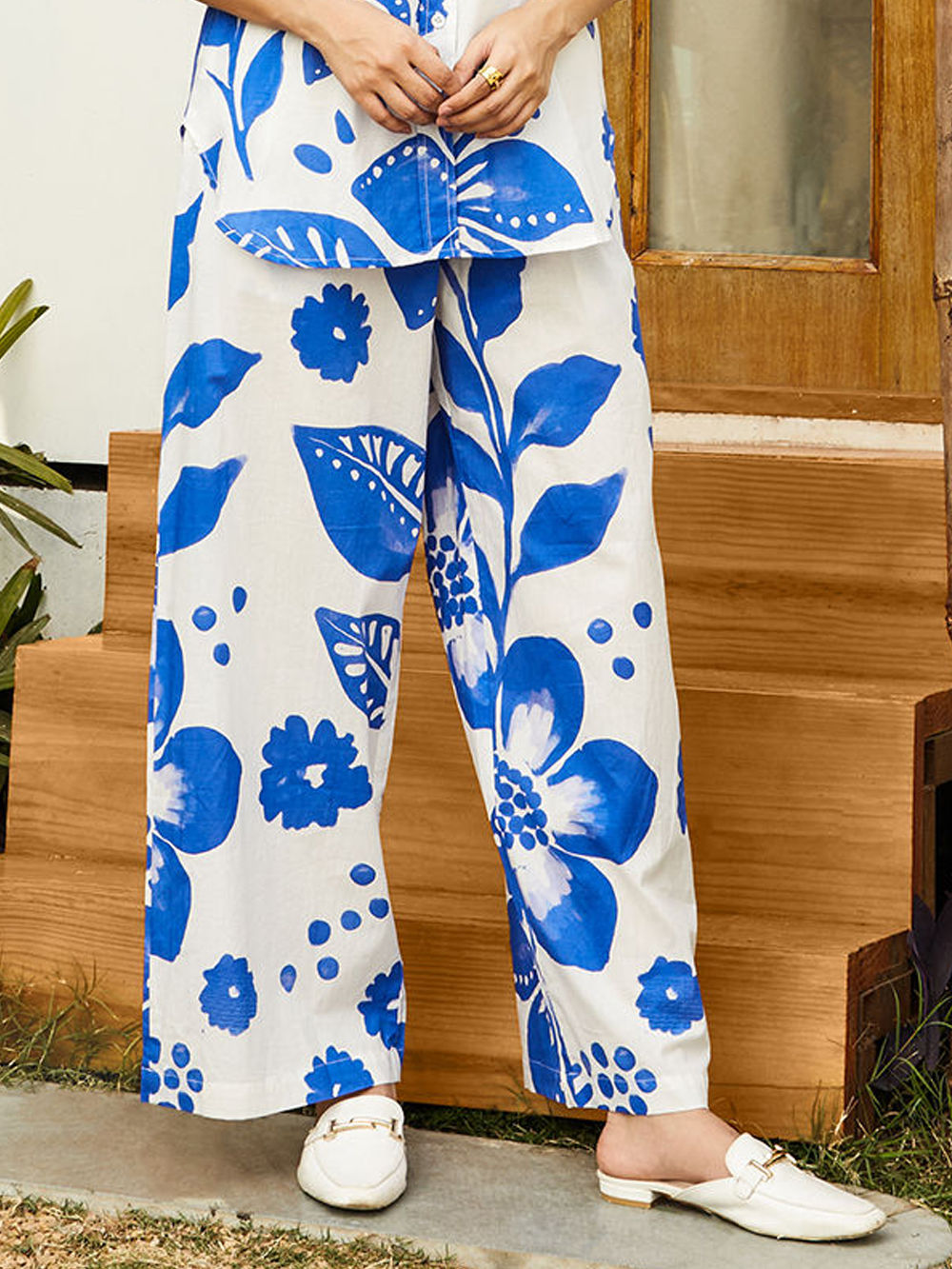 White Blue Printed Cotton Pants