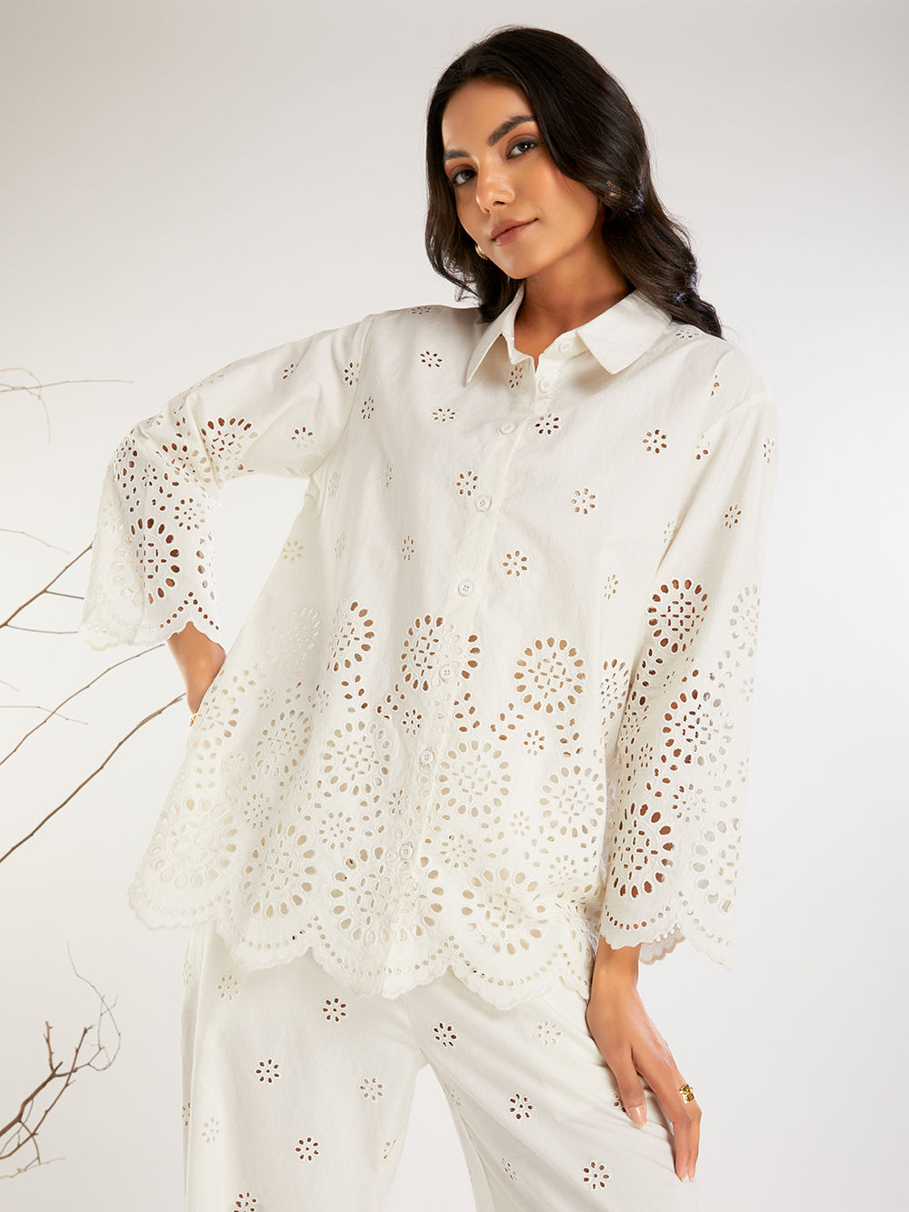 Ivory Schiffli Embroidered Poplin Co-ord Set- Set of 2