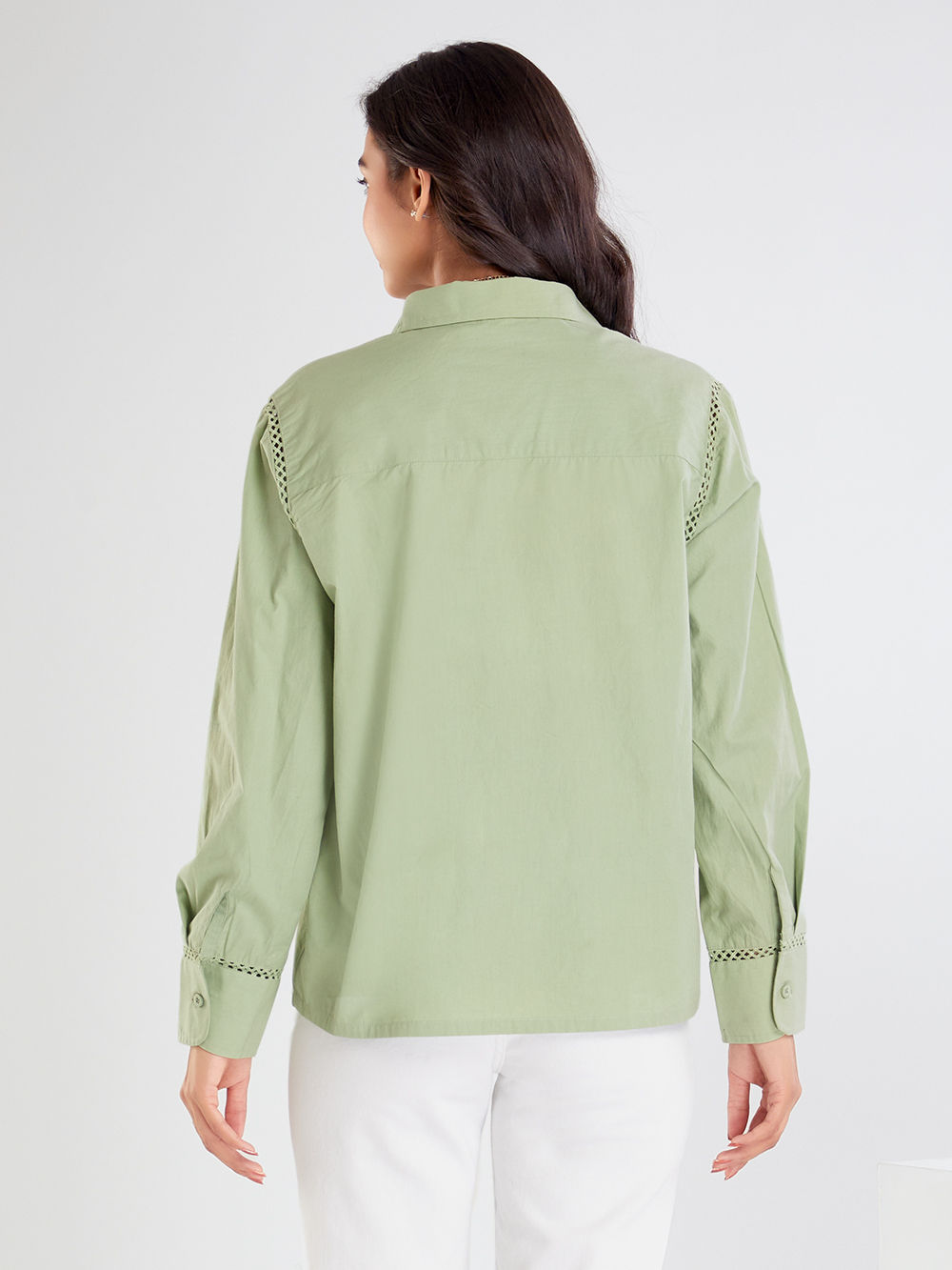 Pista Green Embroidered Rhinestones Poplin Shirt