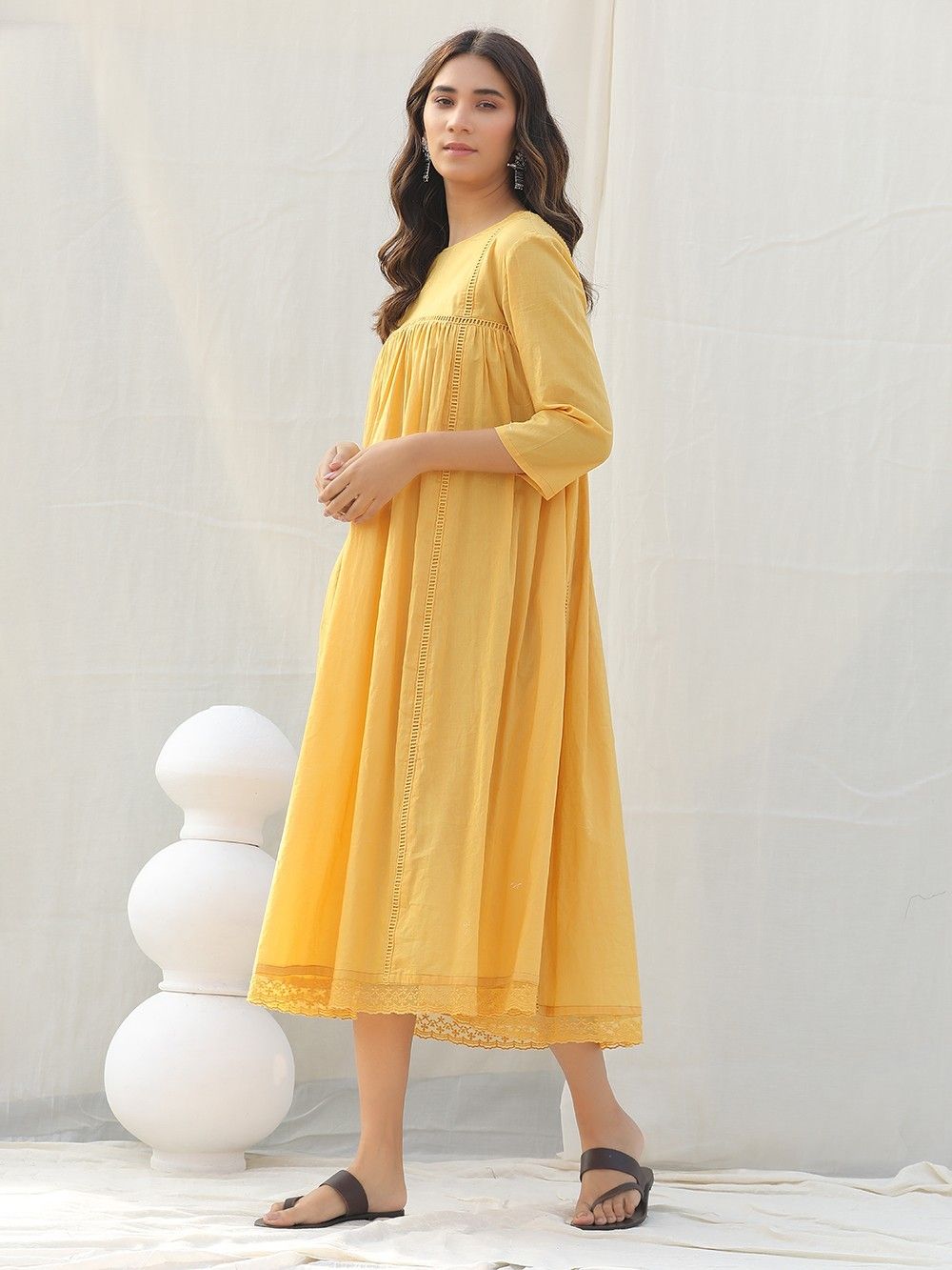 Mustard Yellow Cotton Gathered Dress