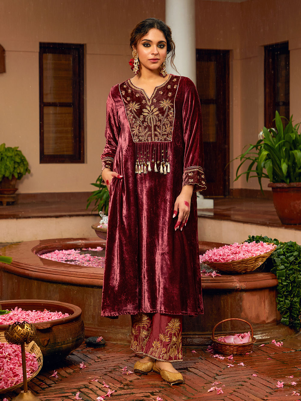 Burgundy Dori Embroidered Velvet Kurta with Pants- Set of 2