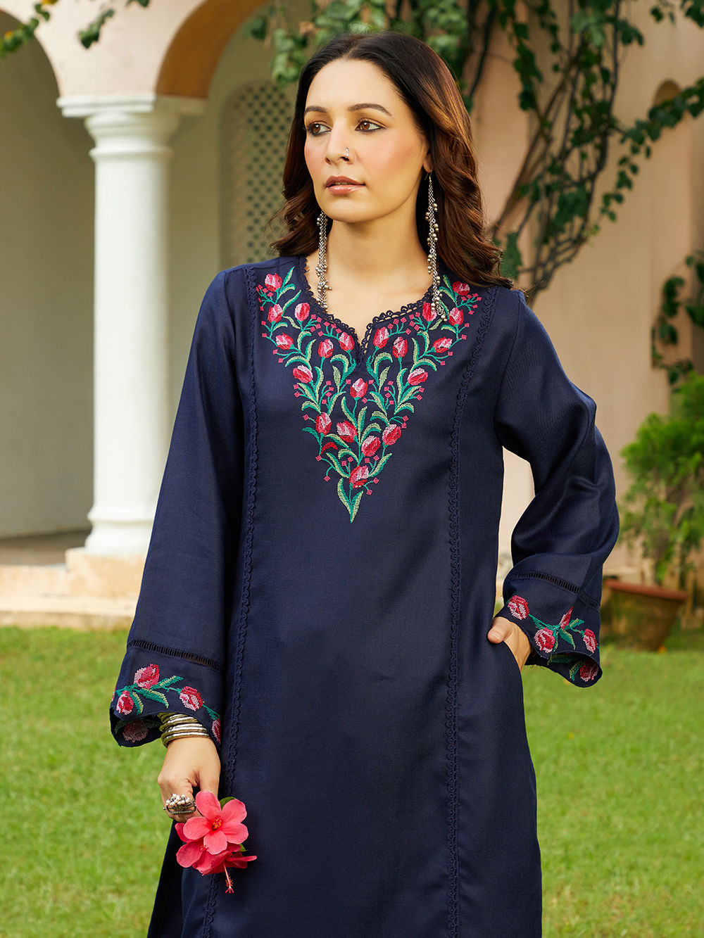 Navy Blue Embroidered Wool Kurta with Pants - Set of 2