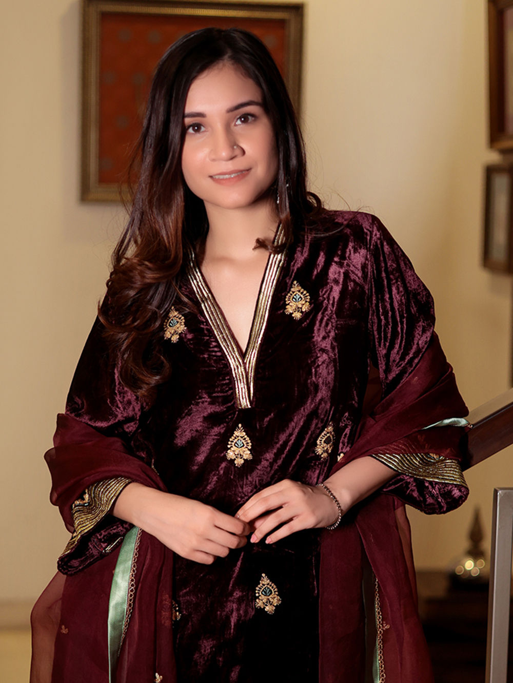 Burgundy Embroidered Velvet Suit- Set of 3