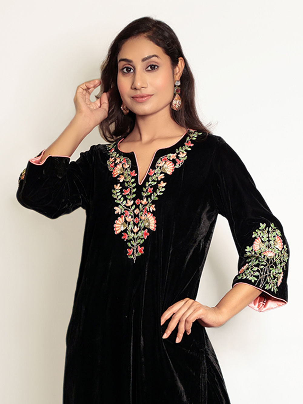Black Embroidered Velvet Suit- Set of 3