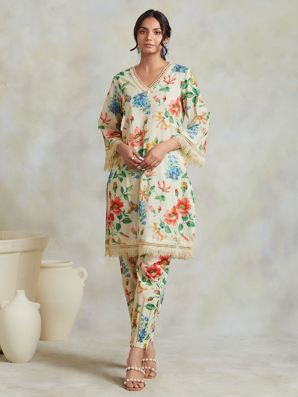 Elegant Red Cotton Kurta with Floral Print