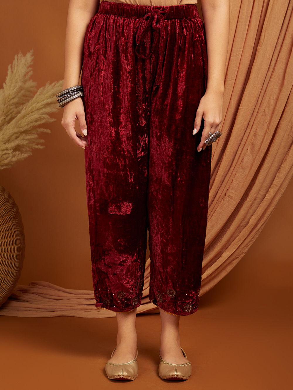 Maroon Embroidered Velvet Pants