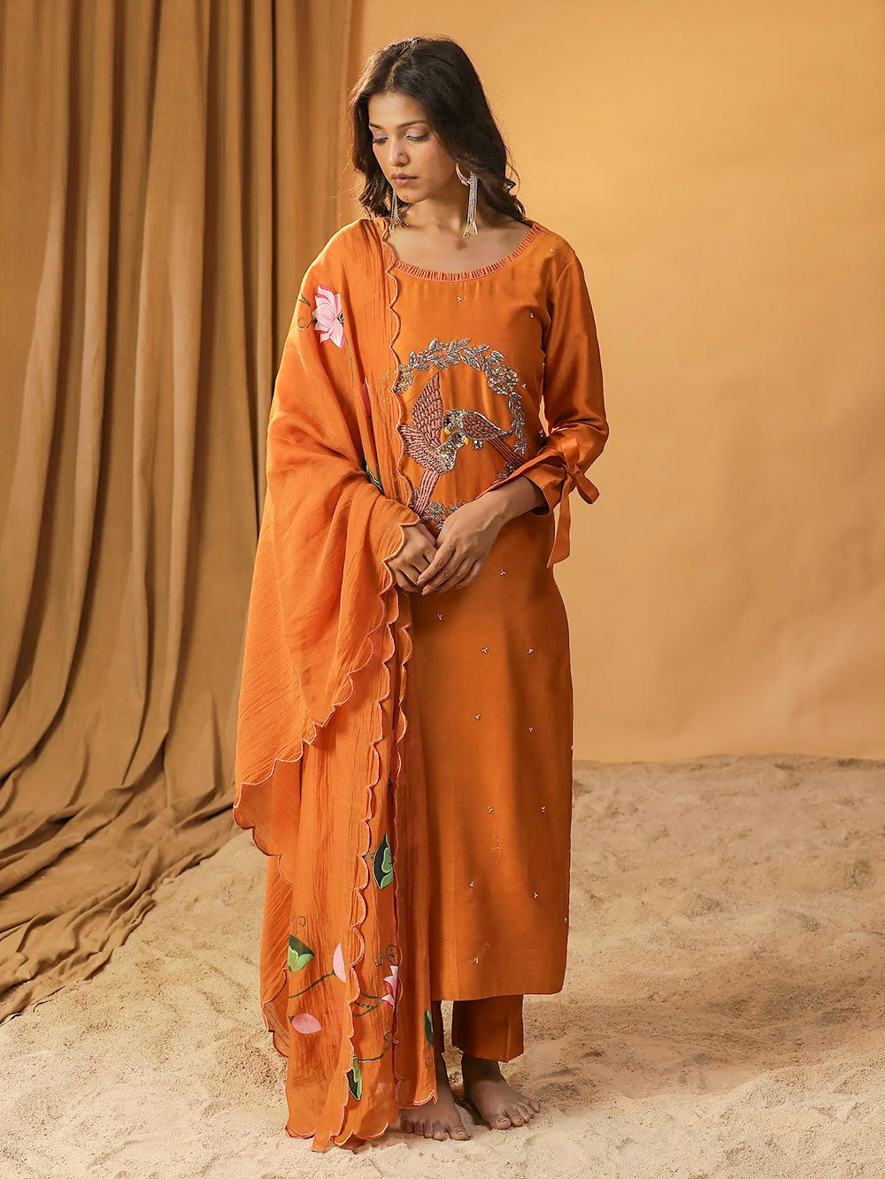 Orange Silk Embroidered Suit Set
