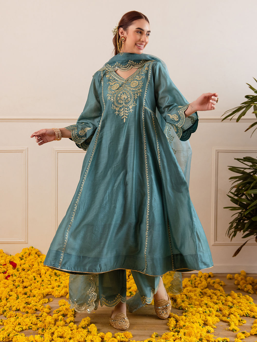 Teal Blue Chanderi Cotton Chudidar Suit