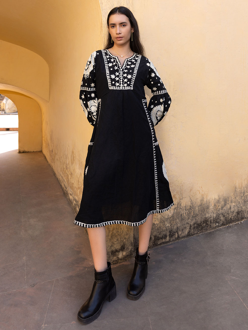Black Hand Embroidered Linen Blend Dress with Slip