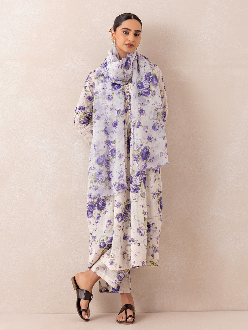 White Purple Printed Cotton Slub Suit - Set of 3