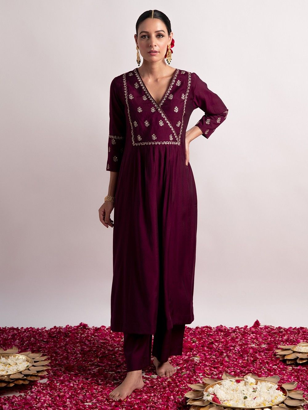 Burgendy Kurta Jacquard Silk Pant main image 1