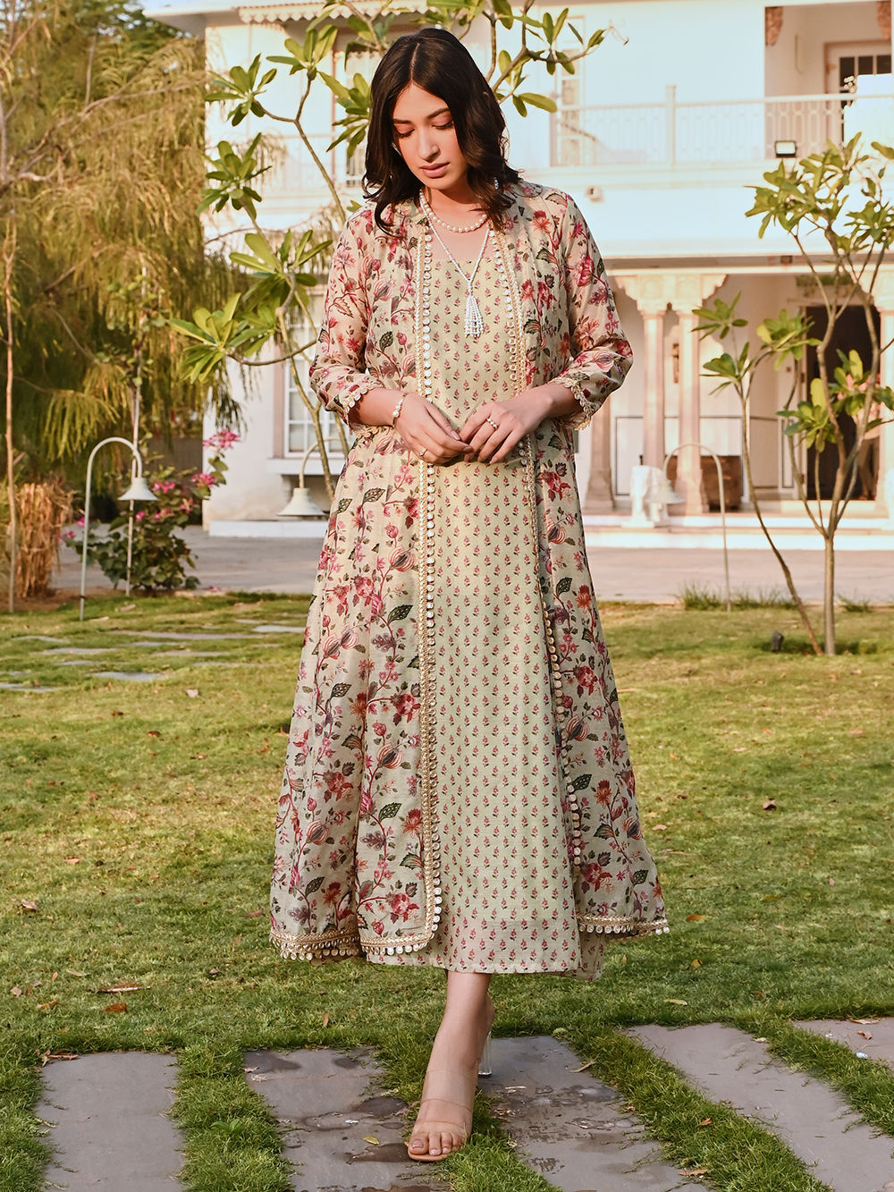 Pista Green Printed Chanderi Dress with Jacket- Set of 2 Pista Green Printed Chanderi Dress with Jacket- Set of 2
