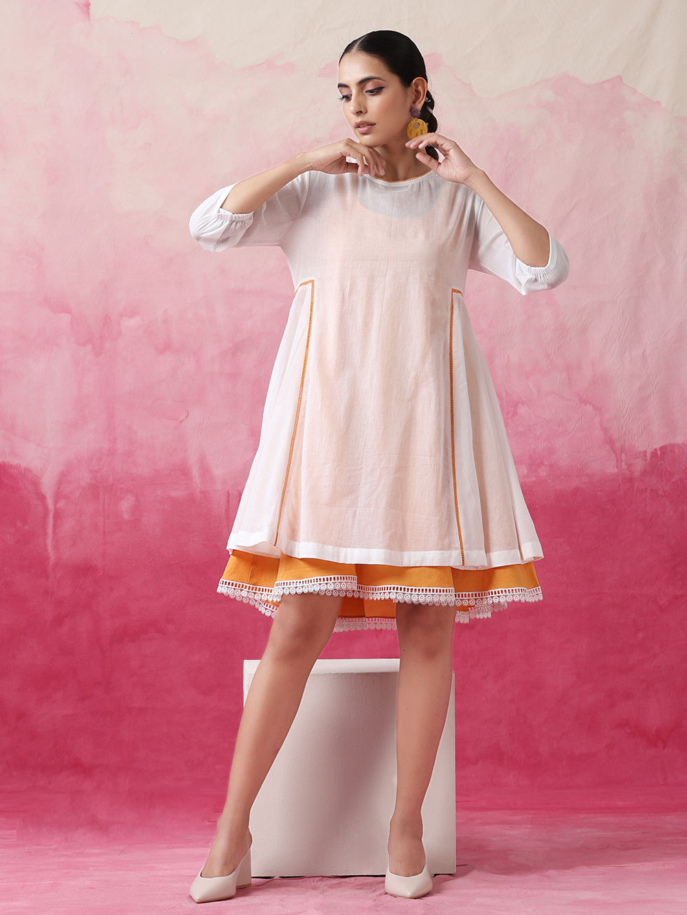 Yellow Cotton Flax High-Low Midi Shift Dress