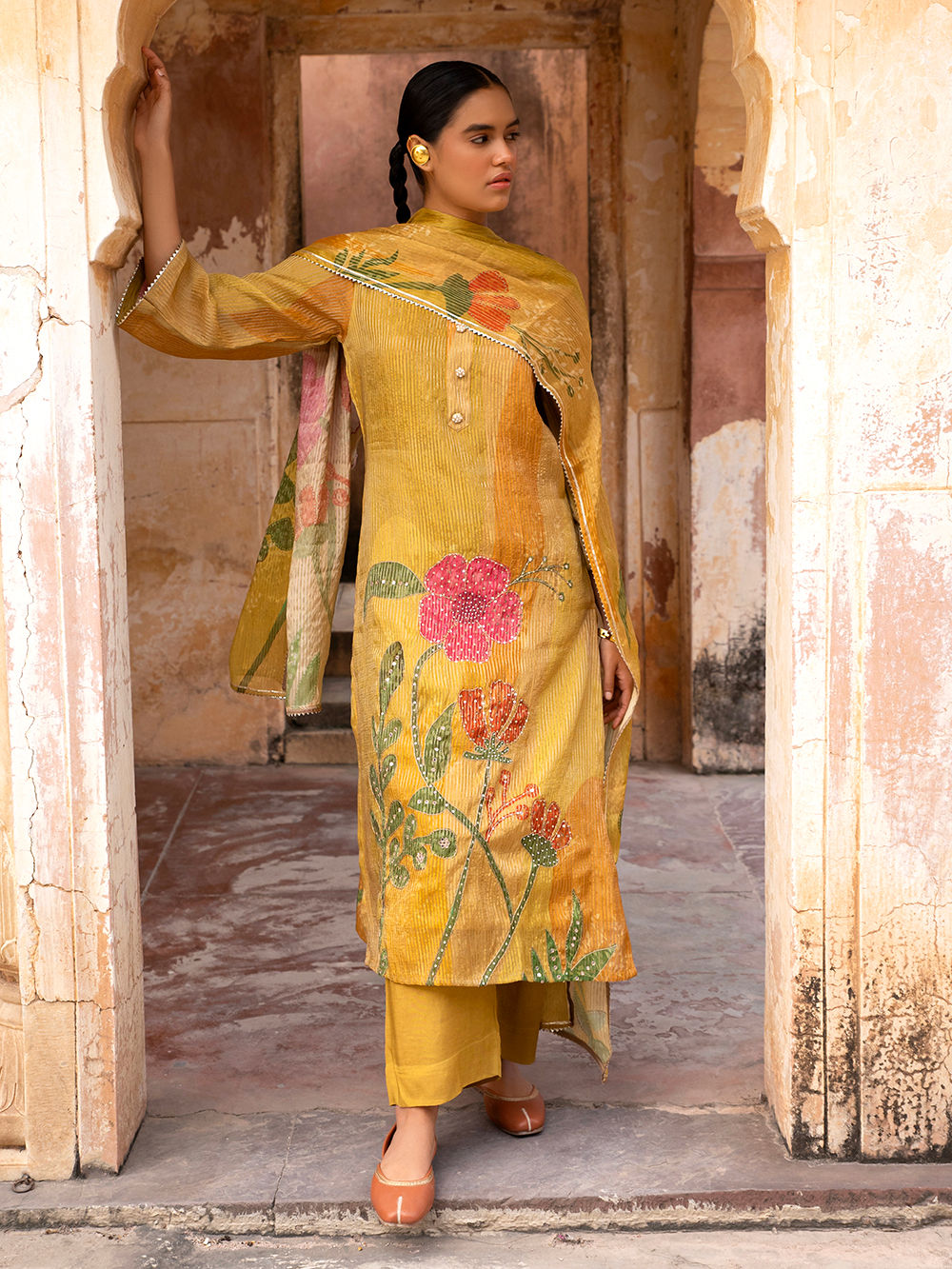 Yellow Heavy Work Shimmer Readymade Suit main image 0