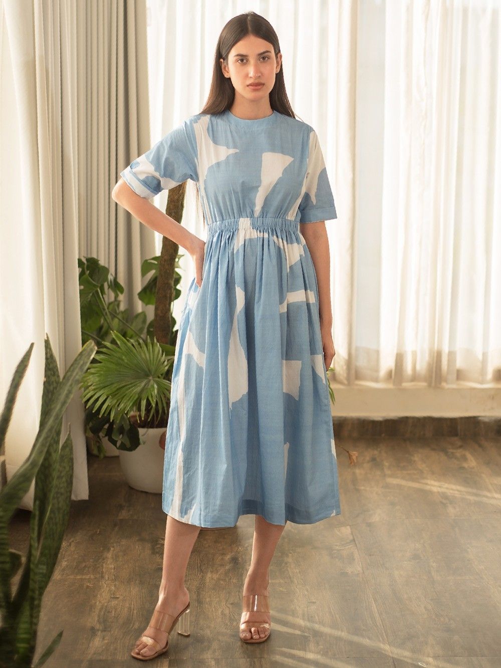 Blue Printed Cotton Poplin Dress