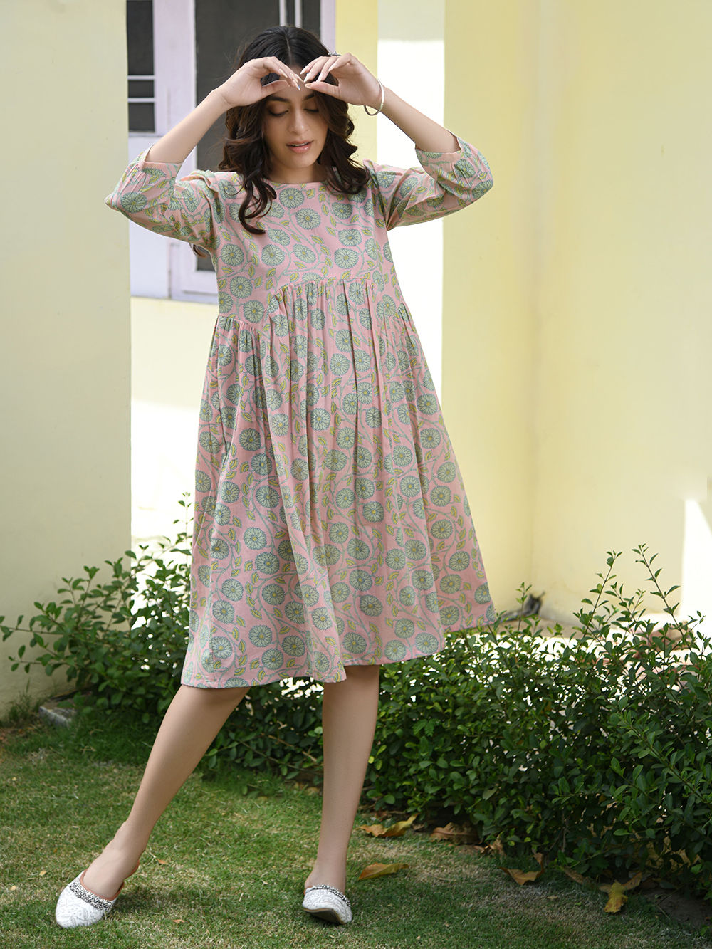 Peach Green Printed Cotton Dress