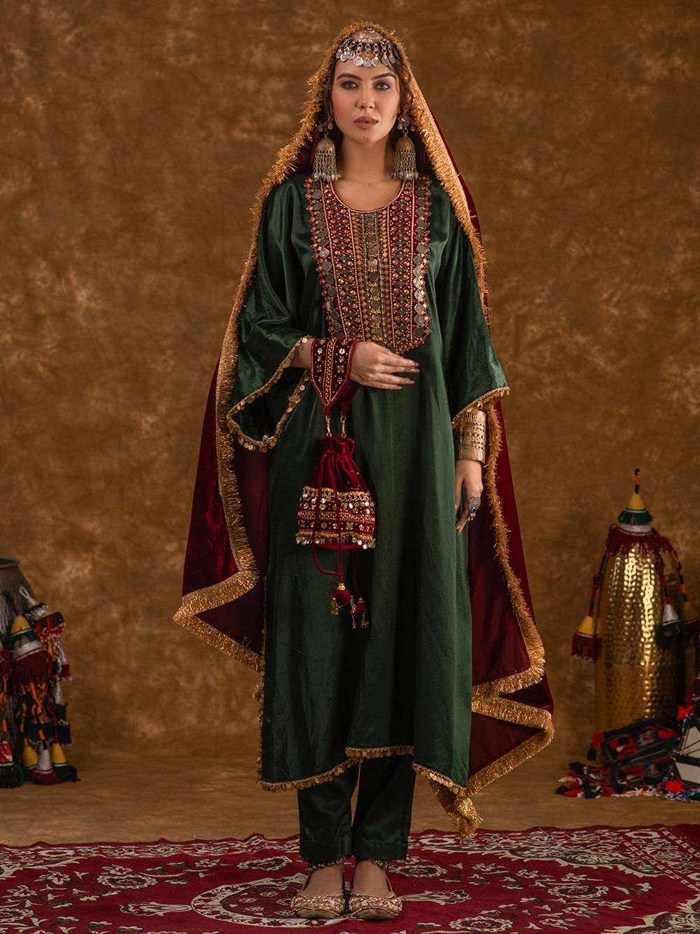 Emerald Green Dana Mashru Silk Suit with Zari Zardozi Hand Embroidery main image 1