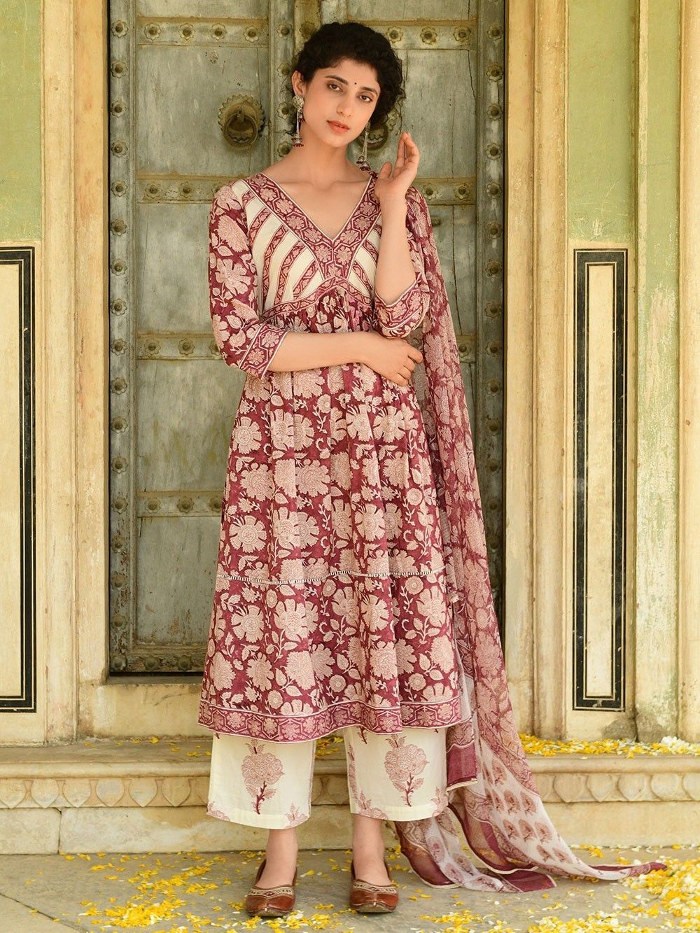 3-piece Floral block-printed unstitched suit set with machine highlight details.(Maroon)