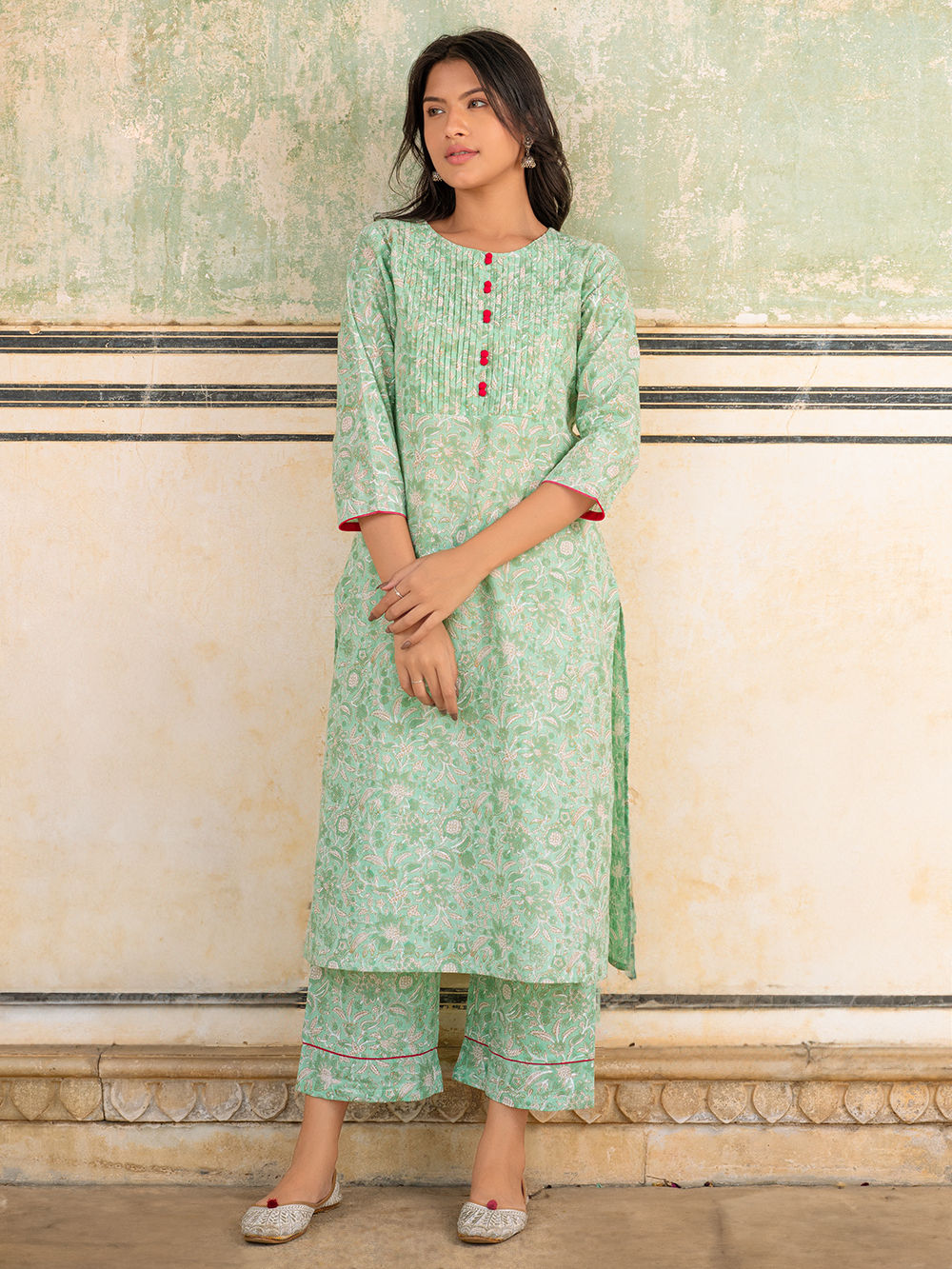 Beige Block Printed Cotton Slub Kurta, Pants And Dupatta Set