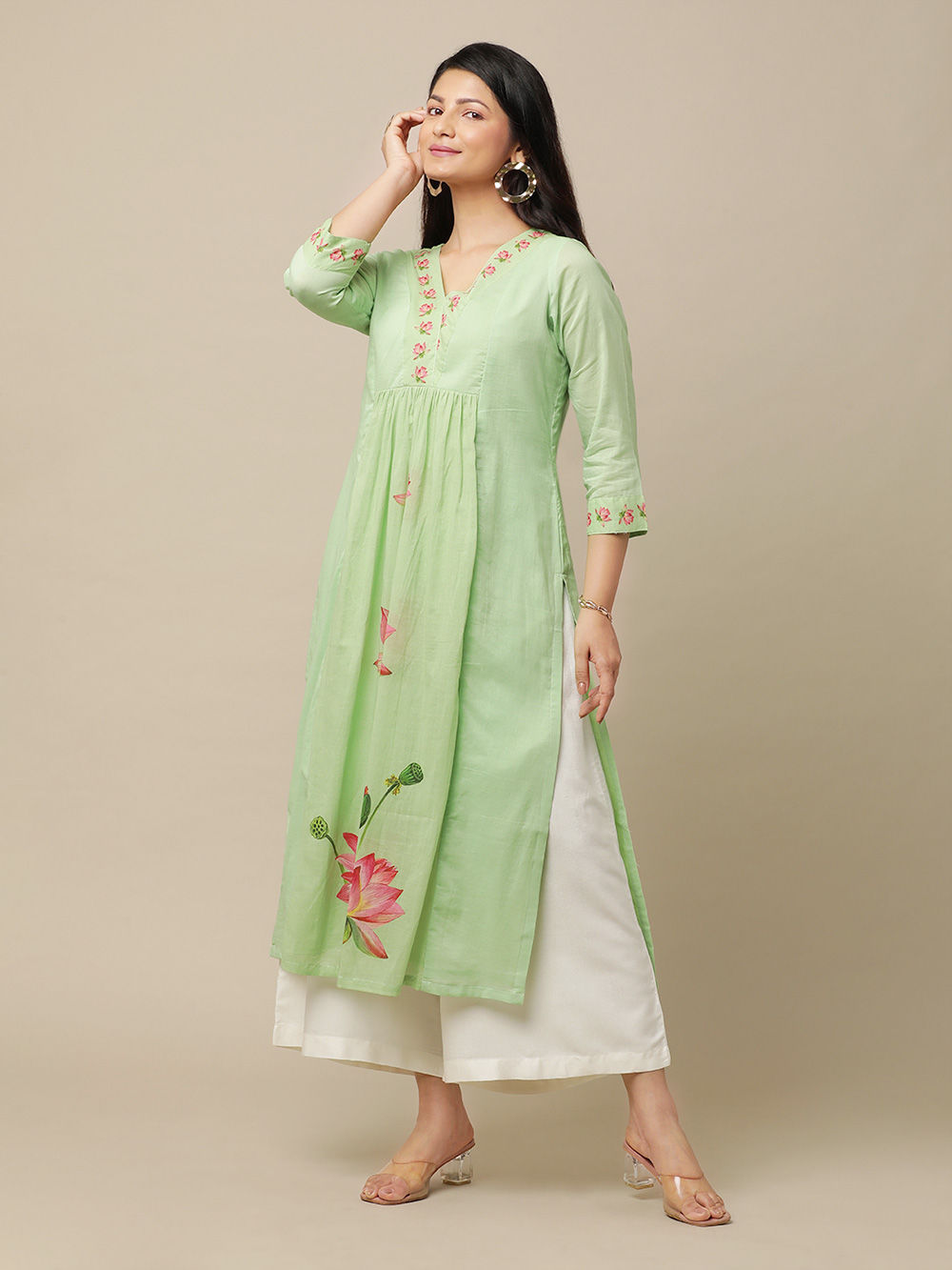 Sage Green Printed Poly-Luxe Kurta with Neck Embroidery