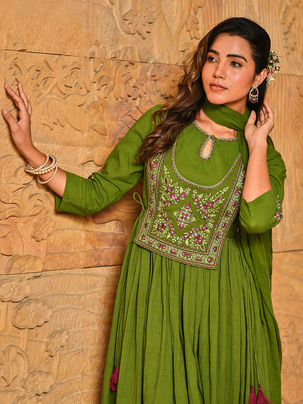 Bottle Green Embroidered Cotton Suit Set main image 1