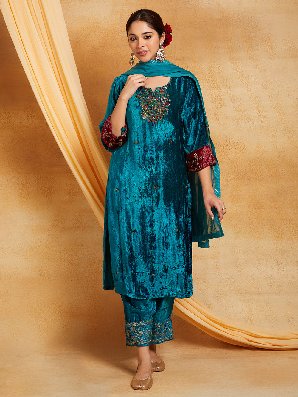 Midnight Teal Velvet Floral Suit main image 1