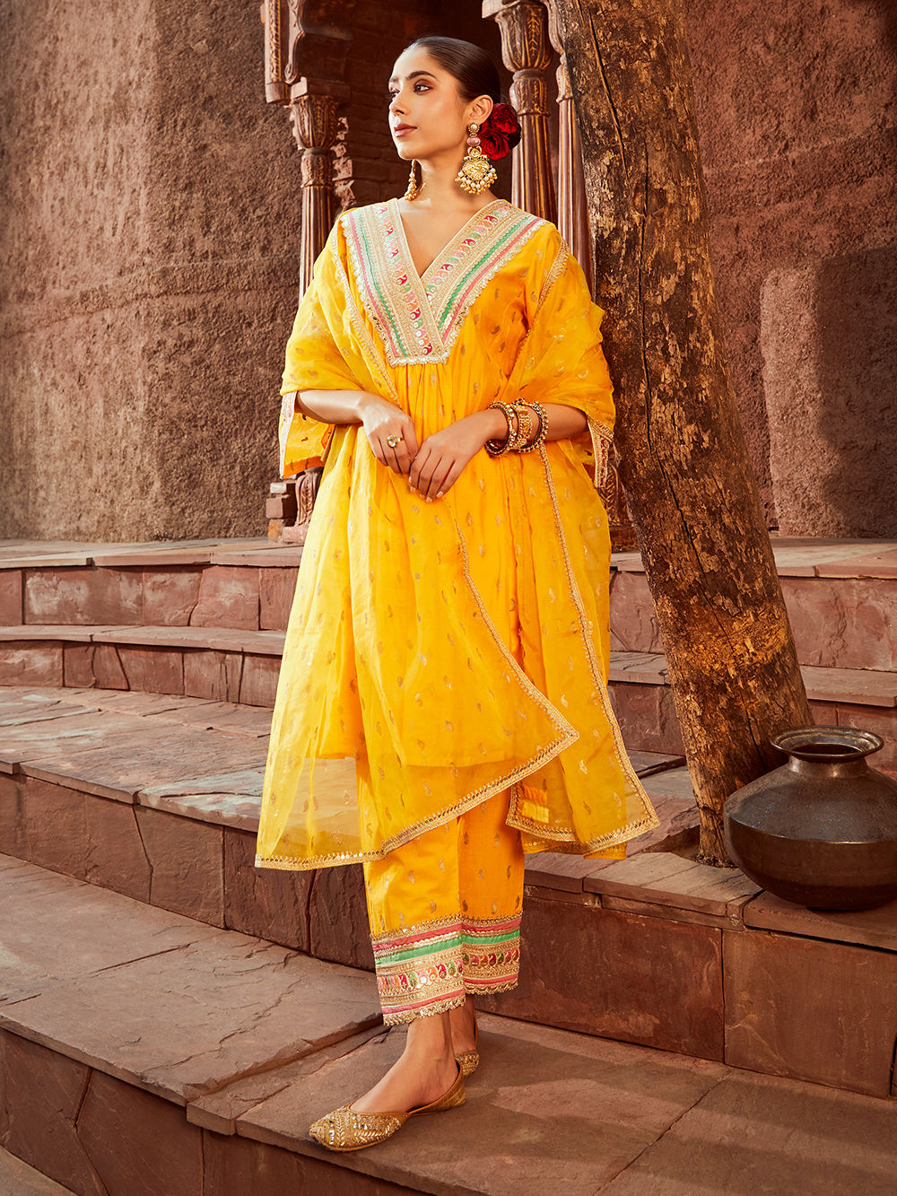 Yellow Printed Organza Dupatta main image 0