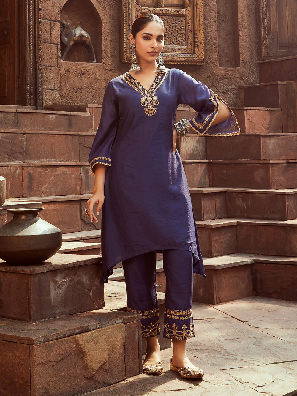 Chanderi Kurta And Crepe Pant Navy Blue