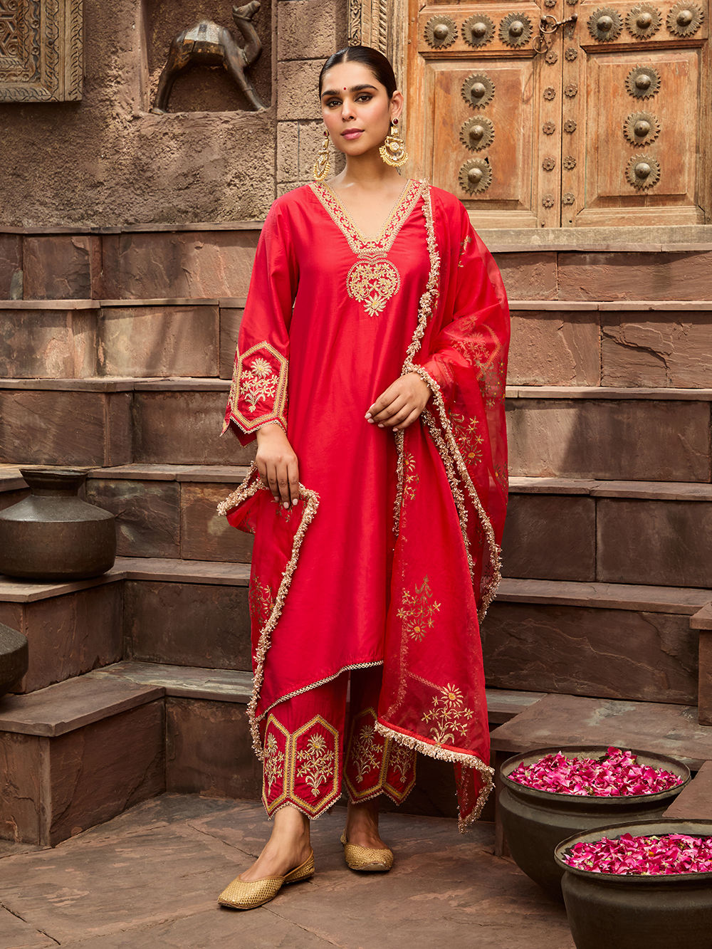 Red Lace Work Organza Dupatta
